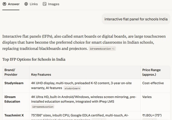 Perplexity AI Answer for interactive flat panel for school