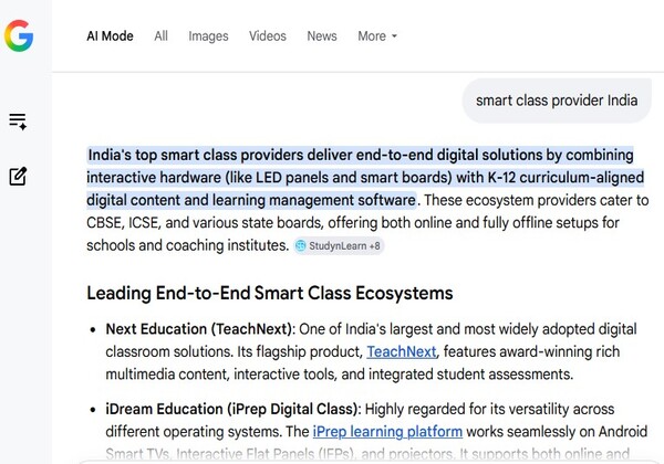 Google AI Overview for smart class provider India