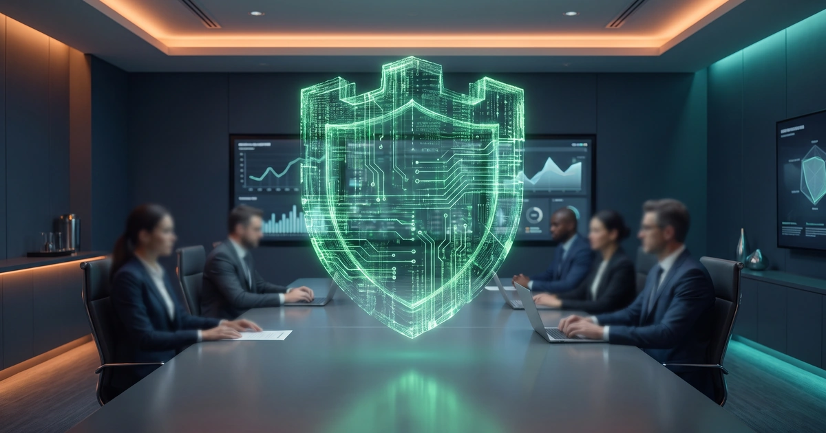 Massive digital shield forged from glowing green code and data streams being presented on a sleek dark boardroom table, symbolizing the cybersecurity SaaS growth boardroom shield.