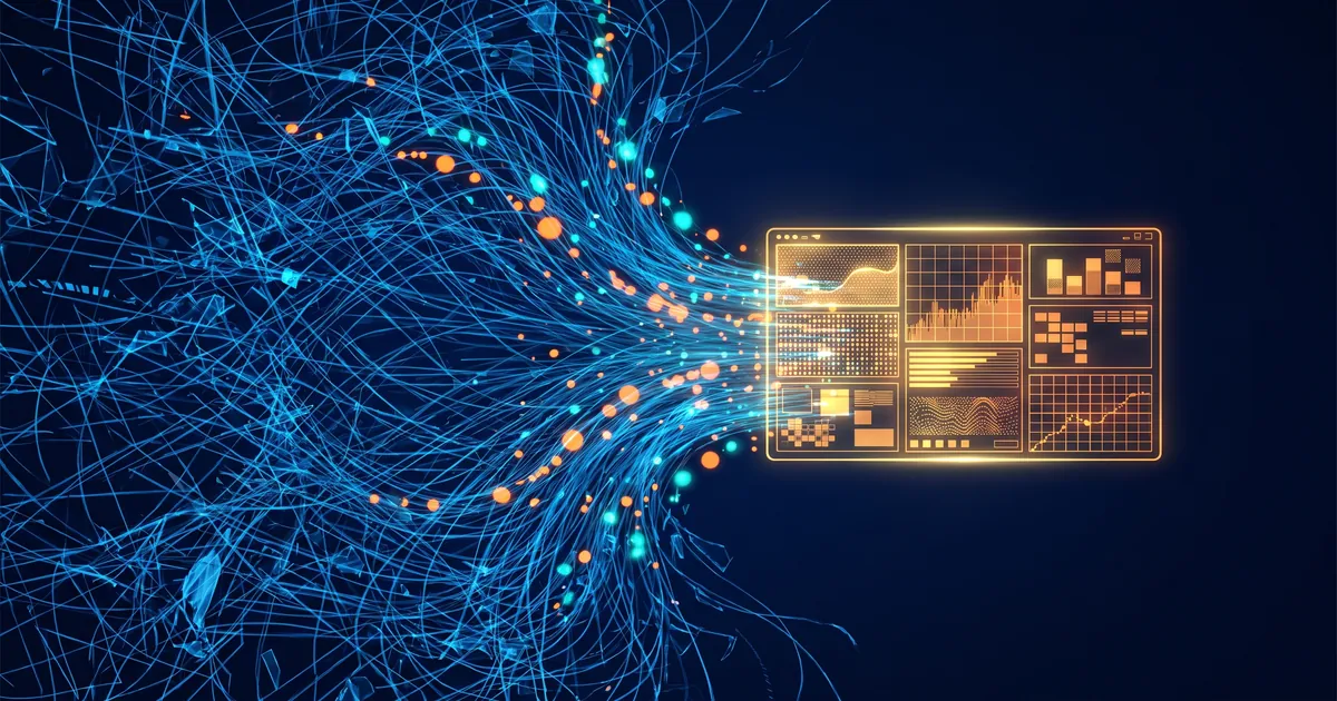 Chaotic tangled data warehouse of blue digital threads being organized and funneled into a single glowing golden structured dashboard, representing data analytics SEO growth dashboard clarity.