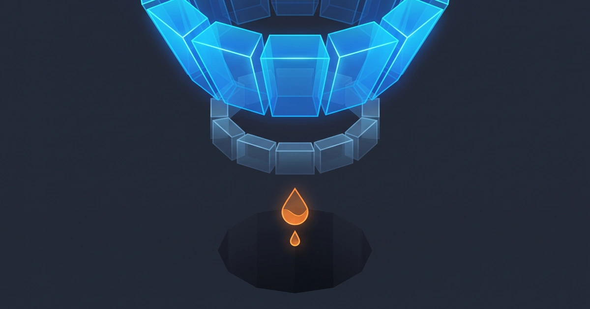 Stylized abstract funnel with a massive glowing blue top layer, a wide middle layer, and a tiny leaking orange droplet at the bottom, visualizing developer documentation conversion funnel leakage.