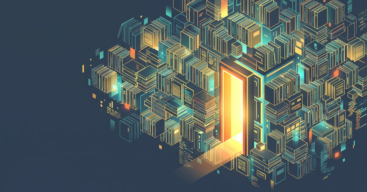 Sleek isometric illustration of a massive glowing library of technical documentation floating in cyberspace, with a single lit gateway cutting through the data to represent the documentation revenue gateway.