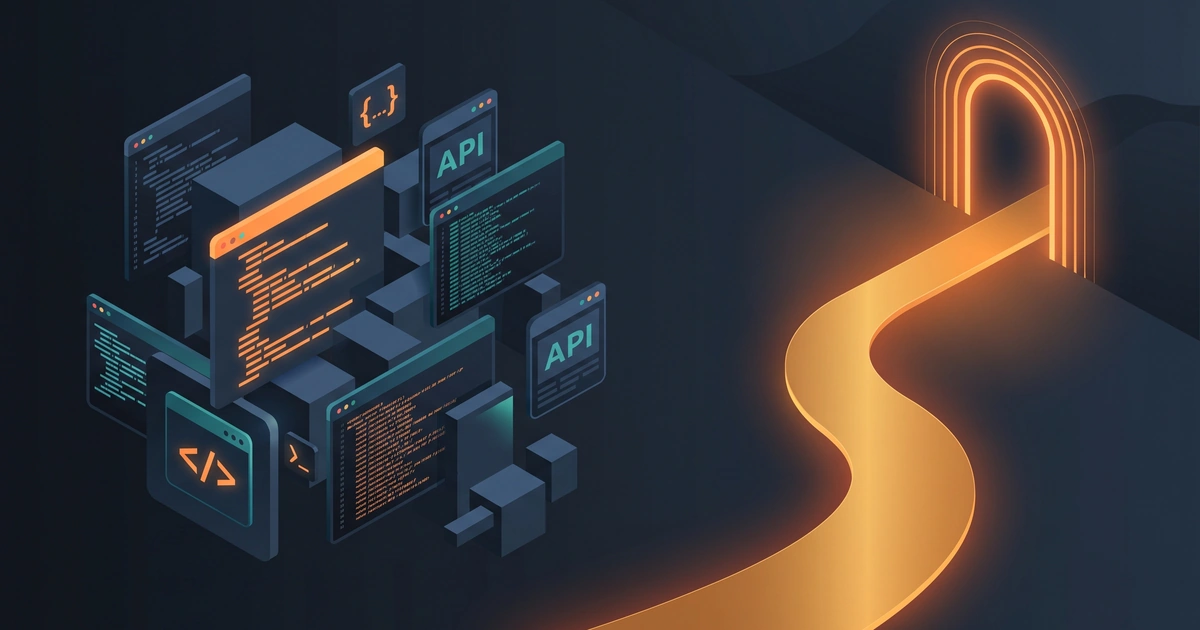 Conceptual digital illustration of a complex developer environment on the left leading across a smooth glowing golden path to a radiant revenue portal on the right, symbolizing DevTools SaaS growth bottlenecks.