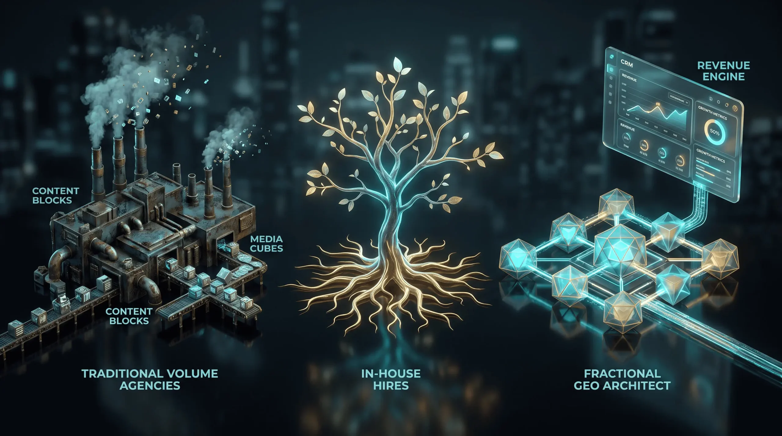 Visual comparison of traditional SEO agency volume models versus embedded Fractional GEO architecture for SaaS companies.