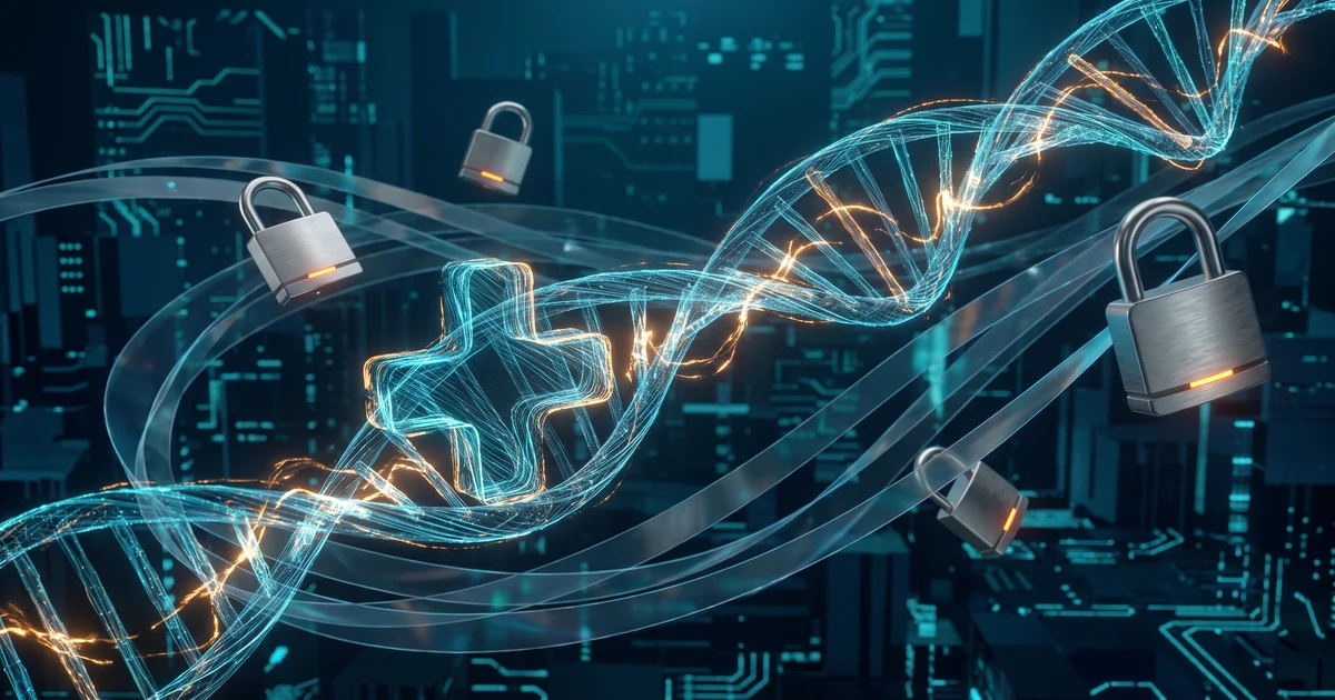 Abstract medical technology visualization of a glowing digital cross and DNA helix interwoven with data streams and heavy compliance padlocks on a deep blue and teal background.