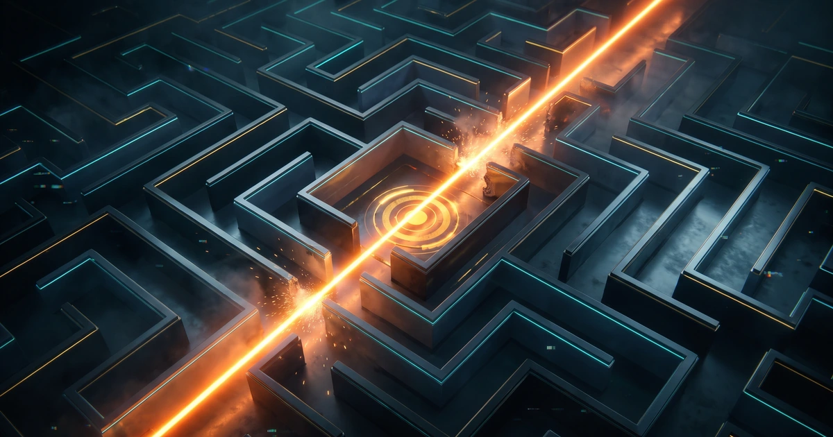 Top-down view of a complex dark digital labyrinth with a single powerful orange laser beam cutting straight through the maze walls to a glowing central target, symbolizing the MarTech attribution maze solution.