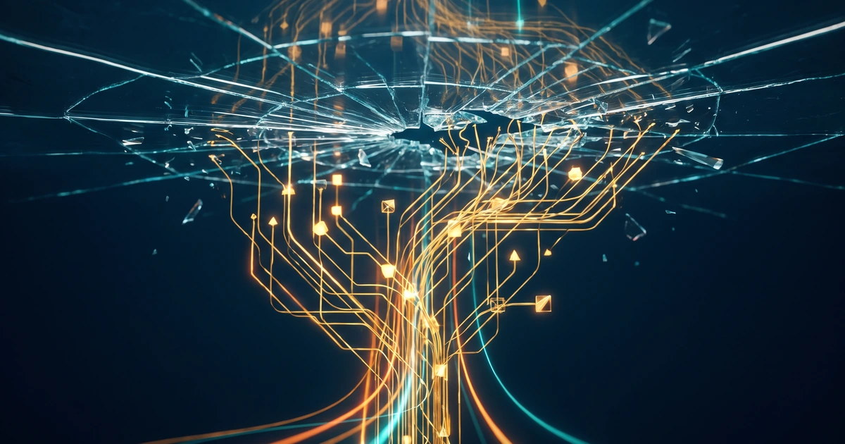 Futuristic AI infrastructure scene of glowing neural network nodes expanding upward and stalling against a heavy cracked glass ceiling, illustrating the MLOps growth ceiling.