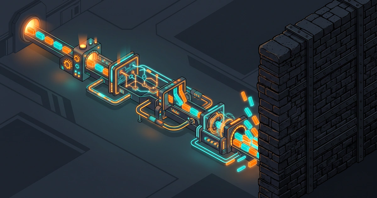 Stylized linear pipeline of glowing data blocks flowing left to right before slamming into a solid dark brick wall, representing the MLOps data pipeline executive wall.