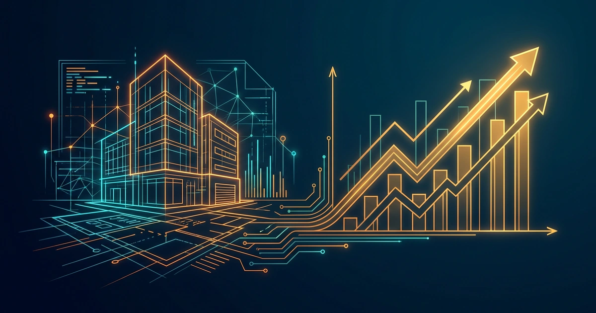 Modern glowing digital blueprint of a smart building morphing into a rising golden financial growth chart, representing the PropTech SaaS growth blueprint.